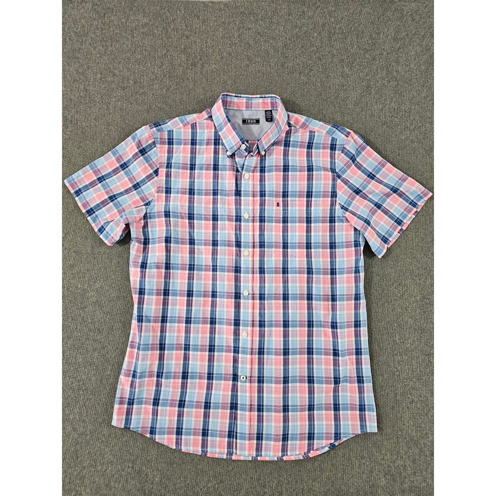 IZOD Mens Short Sleeve Button Down Plaid Shirt Pink Blue White Large